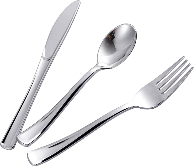 N9R 200PCS Silver Plastic Silverware, Disposable Utensils & Cutlery