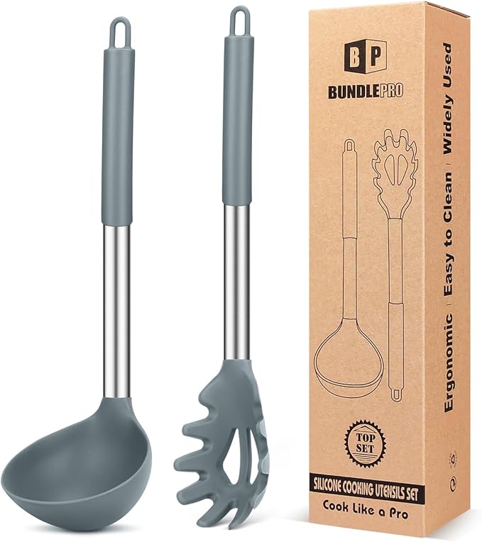 BUNDLEPRO Silicone Pasta Fork and Soup Ladle Spoon Set, 2 Pack, Pink