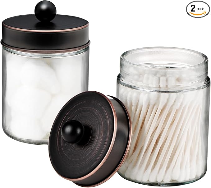 Amolliar Apothecary Jars Bathroom Storage Organizer - Cute Qtip Dispenser Vanity Canister Glass with Lid for Cotton Swabs,Rounds,Bath Salts,Makeup Sponges,Hair Accessories/Oil Rubbed Bronze（2 Pack）