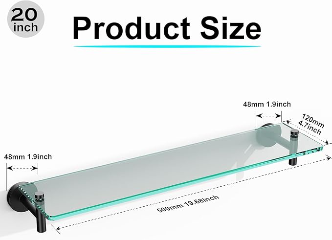 Glass Shelves for Bathroom,20-Inch Matte Black Floating Bathroom Shelf Stainless Steel Tempered Glass Shelf Modern Shelves Wall Mounted