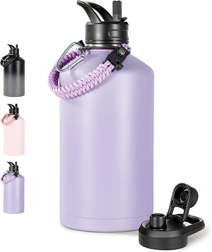 Gallon Water Bottle with 2 Lids (Straw & Spout), 304 Stainless Steel Water Jug with Handle and Wide Mouth, 1 Gallon Vacuum Double Walled Jug for Sports, Outdoors, Purple, 128 oz