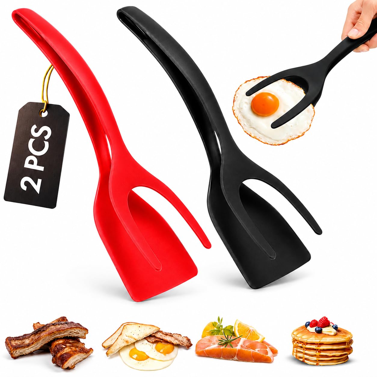 ZONZEST 2-in-1 Spatula Tongs Set of 2, Egg Spatula Flipper for Cooking, Easy-Grip Nylon Flipping Spatula for Pancakes, Burgers, Fish and Nonstick Cookware, (Red and Black)