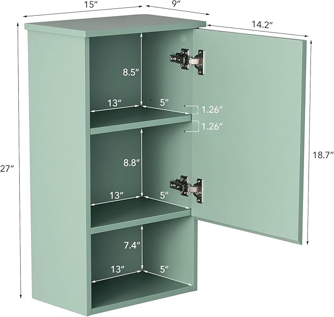 Bathroom Wall Cabinet with Single Door, Soft-Close Hinges, 15x27 inch Wooden Medicine Cabinet for Small Kitchen, Laundry, Entryway, Durable MDF Construction