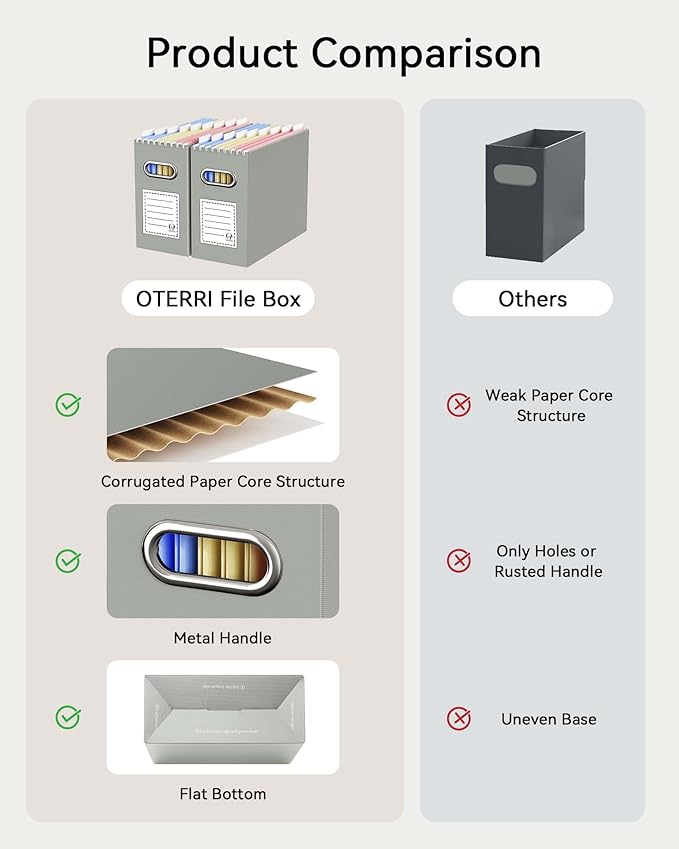 Oterri Cardboard File Organizer Box for Hanging File Folders Letter Size,File Box for Computer Desk,File Cabinet,Working Home,Office,Classroom (Grey, Letter Size - 2 Packs)