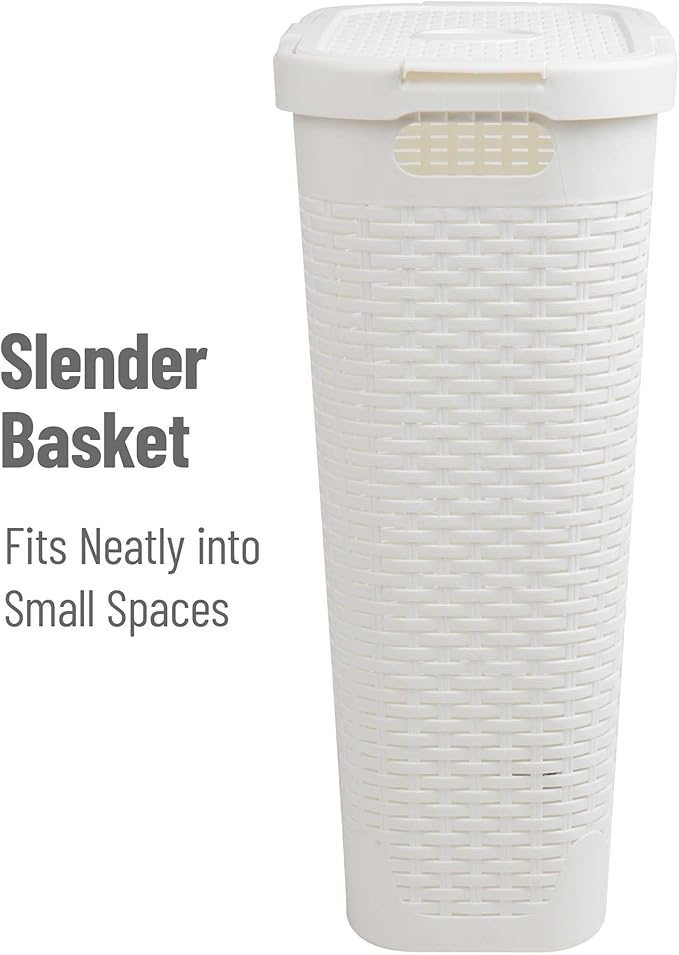 Mind Reader Slim Laundry Hamper with Lid, 40L Clothes Basket, Premium Wicker Design, Plastic, Set of 2, White