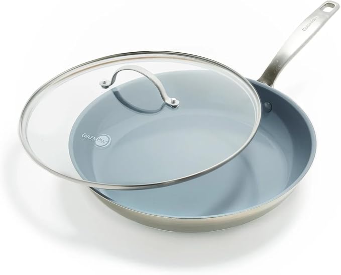 GreenPan Treviso 9.5” and 11” Frying Pan skillet Set, Non-Toxic PFAS-Free Stainless Steel Ceramic Nonstick Coating, Induction Suitable, Multi Clad, Pouring Rims, Dishwasher & Oven Safe to 600°