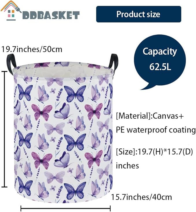 Butterfly Laundry Basket Kids Hamper for Nursery Boy and Girl Hamper Cute Kids Toys Storage Bin Organizer Room Decor for Home(Purple Butterfly)