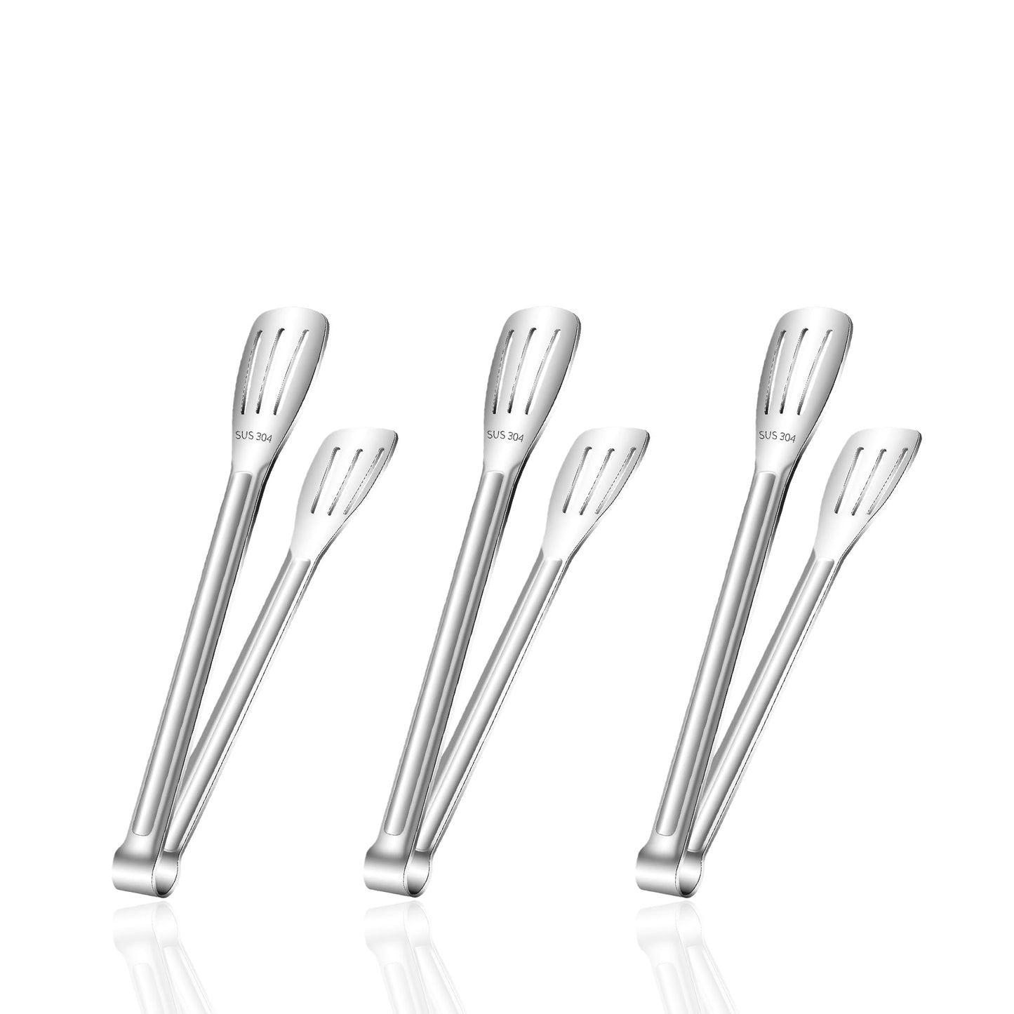 Stainless Steel Kitchen Tong Set - Anti-Slip Heat-Resistant Grip, Widened 3-Line Slotted Heads for Easy Clamping (Steaks, BBQ, Pasta, Salads), Easy Clean for Versatile Use Set of 3-9", Silver