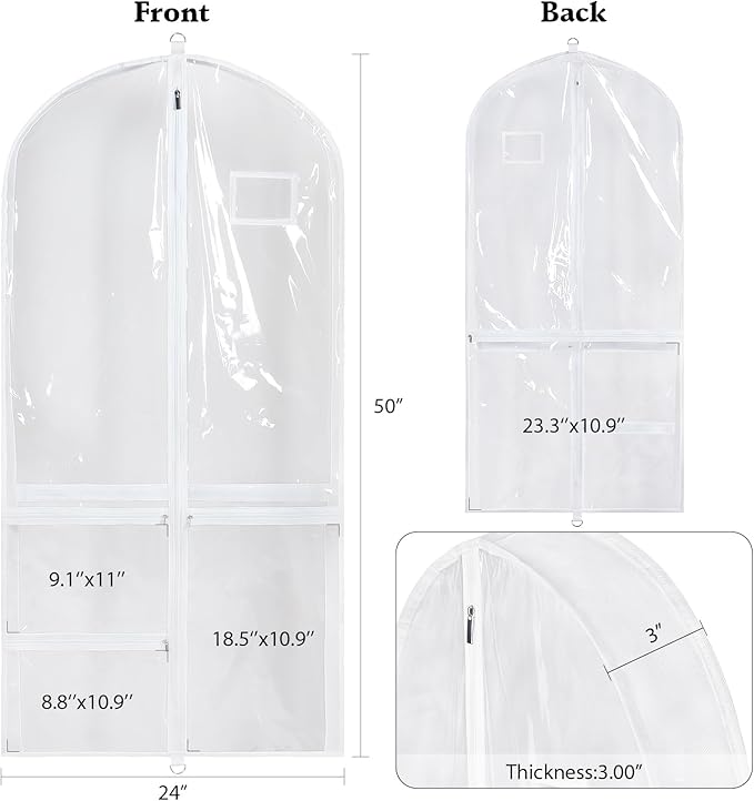 Univivi Clear PVC Dance Costume Bags Garment Bag 50 Inch for Dance Competitions, with 3 Seperated Medium Clear Zipper Pockets and 1 Large Back Zippered Pocket