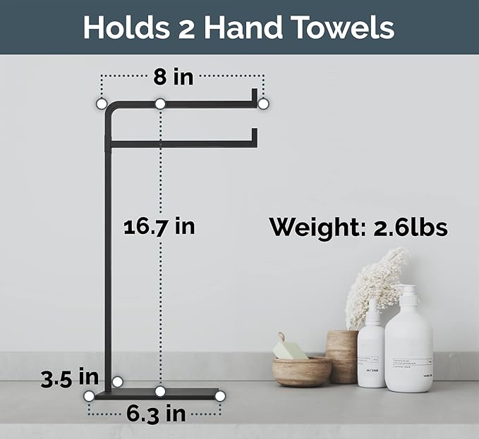 Hand Towel Holder for Bathroom Countertop - 17 Inch Tall Black Free-Standing Hand Towel Stand for Bathroom Counter - Non-Slip Base for Sink Top - Holds Two Full Size Handtowels, Fingertip, Washcloth