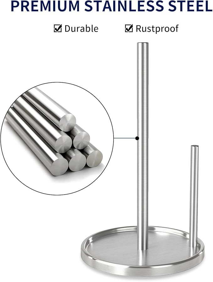 Paper Towel Holder Countertop, Silver Kitchen Paper Towels Holder, Paper Roll Holder with Weighted Base