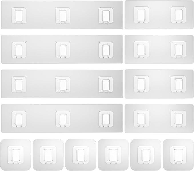 Lsnisni 14 Pack Shower Caddy Adhesive Replacement, Waterproof Shower Shelf Adhesive Strips, Strong Adhesive Flat Hooks for Bathroom Storage Shelves and Kitchen Racks No Drilling, Clear