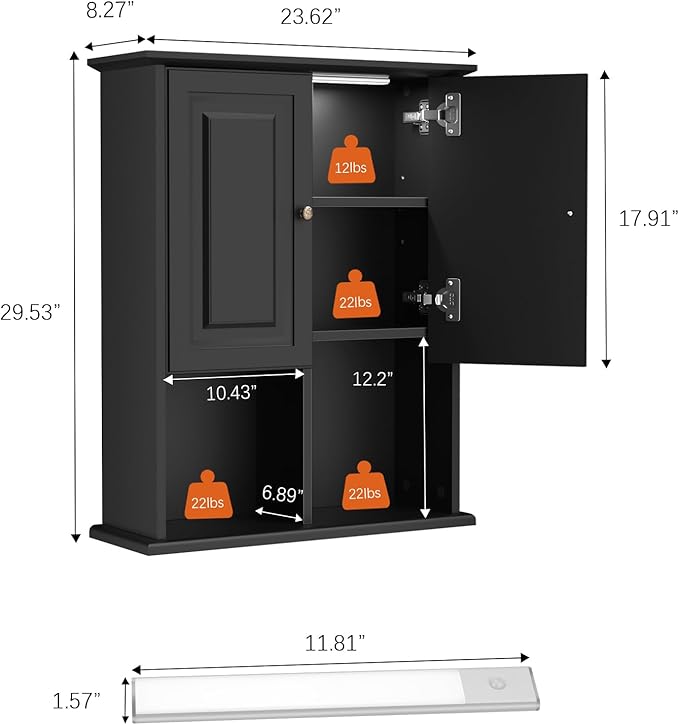 HAIOOU Bathroom Wall Cabinet with Motion Sensor LED Light, Wooden Medicine Cabinet Wall Mounted Cupboard, Over Toilet Storage Cabinet with Buffering Hinges and Adjustable Shelf - Black