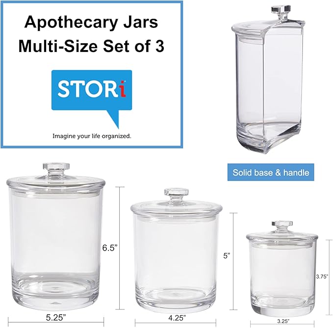 STORi 3-Pack Premium Quality Clear Plastic Qtip and Cotton Ball Holders, 15-oz, 30-oz, and 60-oz Apothecary Jars with Lids, Perfect Containers for Bathroom and Vanity, Set of 3
