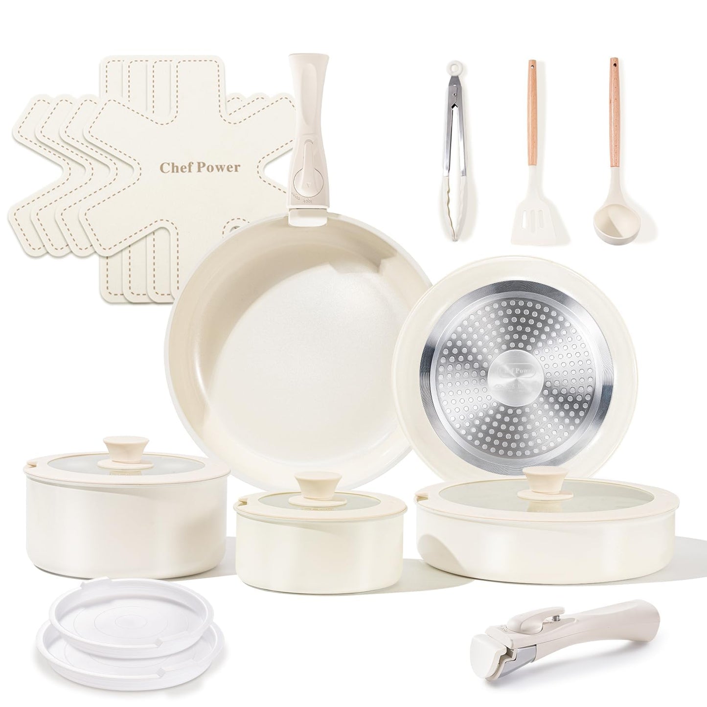 Chef Power Ceramic Cookware Set, 19 PCS Detachable Non Stick Pots and Pans
