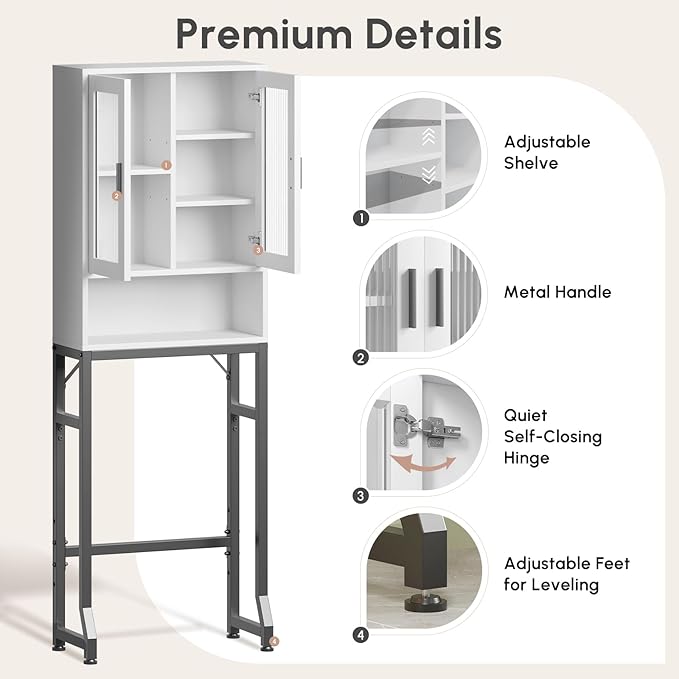 USHOWER Over The Toilet Storage Cabinet, Bathroom Organizer with Tempered Glass Doors, Thicken Metal Stand & MDF Wood, Freestanding Space Saver, White