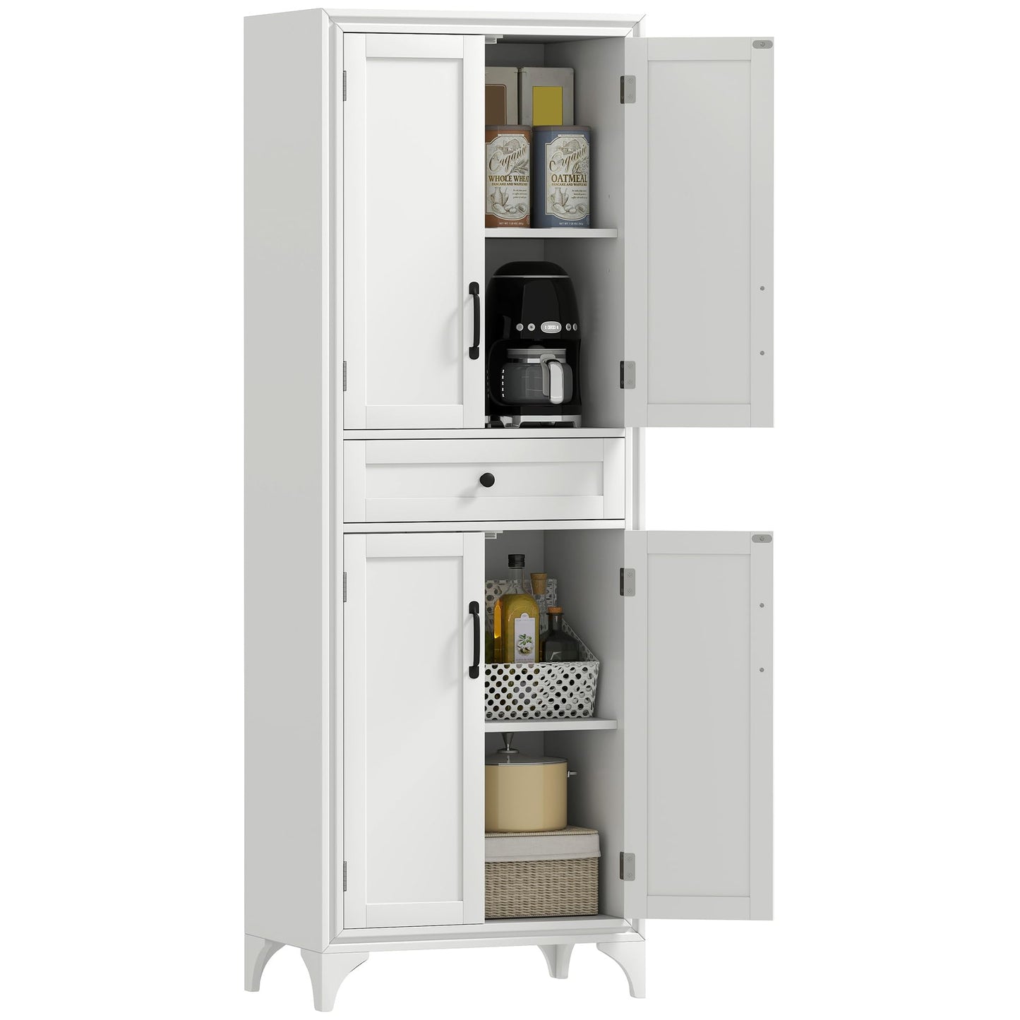 HOMCOM 67" Tall Freestanding Kitchen Pantry Cabinet 4-Door Drawer White
