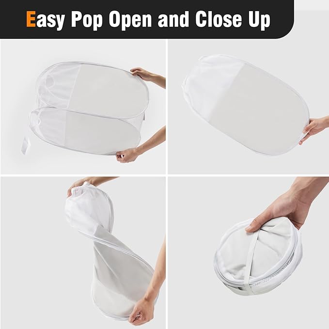 TECHMILLY Pop Up Foldable Laundry Basket, Mesh Laundry Hamper with Reinforced Handles for Dirty Clothes Storage in Dorm, Laundry Room, Bathroom, White(Fabric)