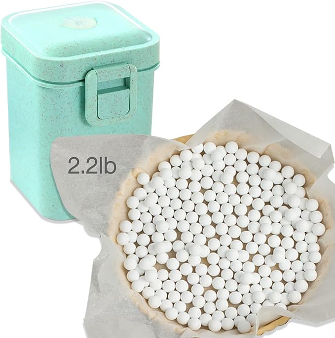 Hommtina 2.2Lb Ceramic Pie Weights Baking Beans Pie Crust Reusable 10mm Weights Natural Ceramic Stoneware with Wheat Straw Container (35 Oz Total) (White)