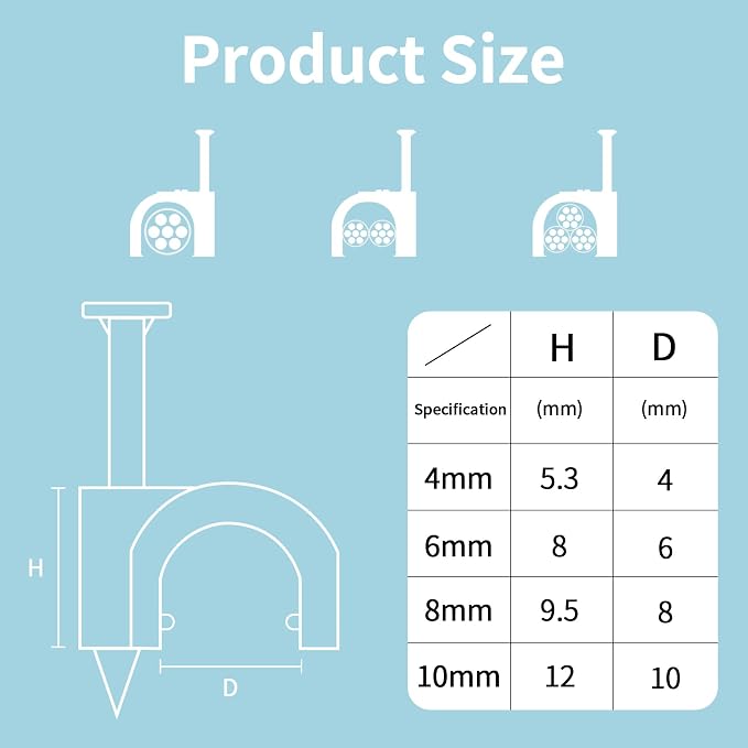 Cable Clips, 4mm 6mm 8mm 10mm, Wire Wall Clips