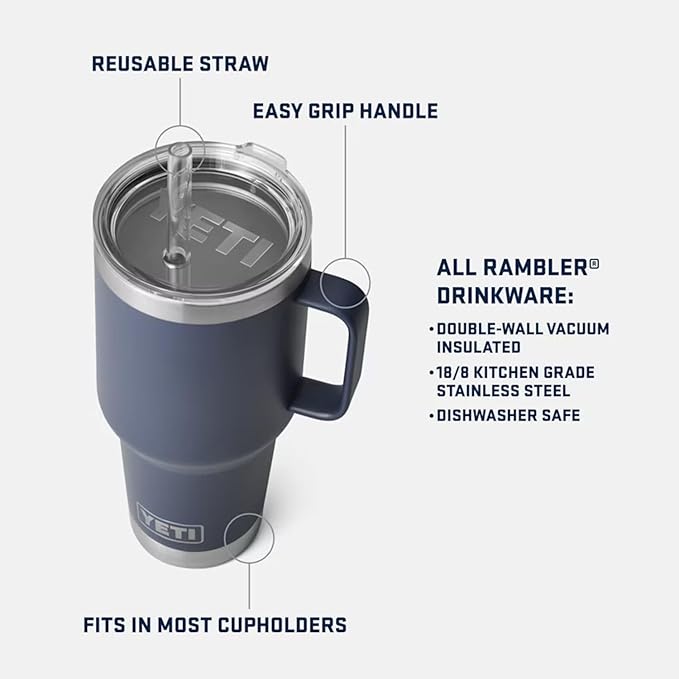YETI Rambler 35 oz Tumbler with Handle and Straw Lid, Travel Mug Water Tumbler, Vacuum Insulated Cup with Handle, Stainless Steel, Black Forest Green