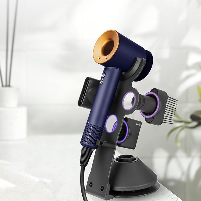 Hair Dryer Holder Stand for Dyson Hair Dryer, Upgraded Dyson Hair Dryer Holder Dyson Hair Dryer Stand Black to Store 5 Dyson Hair Dryer Attachments with Cable Hook