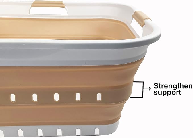 SAMMART 42L (11 gallon) Collapsible Plastic Laundry Basket - Foldable Pop Up Storage Container/Organizer - Portable Washing Tub - Space Saving Hamper/Basket (White/Latte)
