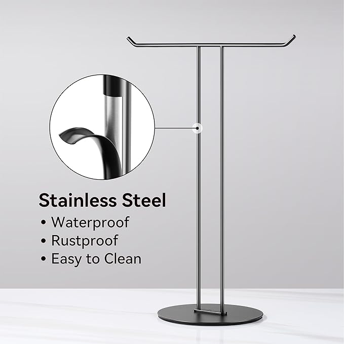 T-Shaped Hand Towel Holder Stand – Countertop Stainless Steel Towel Rack with Non-Slip Base for Bathroom, Kitchen, Vanity, Matte Black