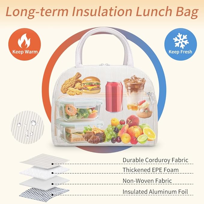 Coobiiya Lunch Bag for Women Men, Cute Corduroy Lunch Tote Bags Insulated Reusable LunchBox Large Capacity Cooler Bag for Work Travel Picnic