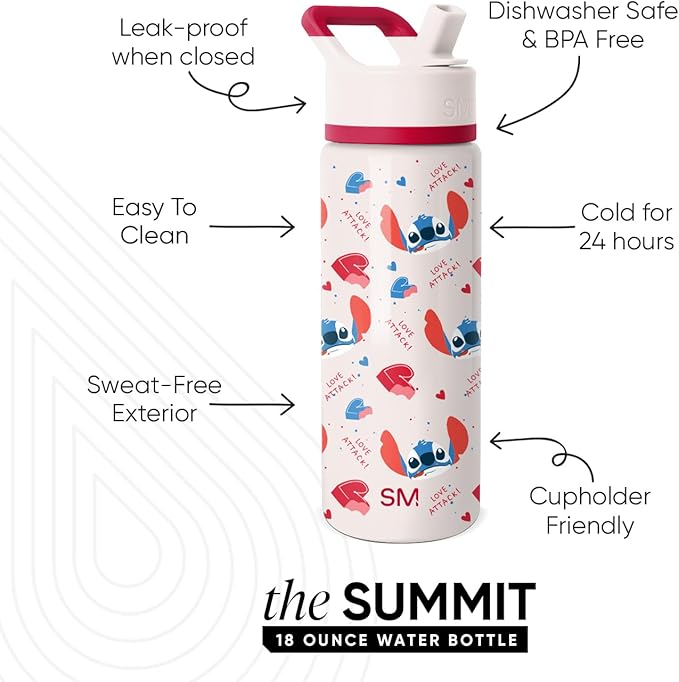 Simple Modern Kids Summit Valentine's Day Water Bottle with Straw Lid | Disney Stitch 18oz Stainless Steel Cup Insulated Tumbler for Girls, Boys, School | Stitch Love Attack