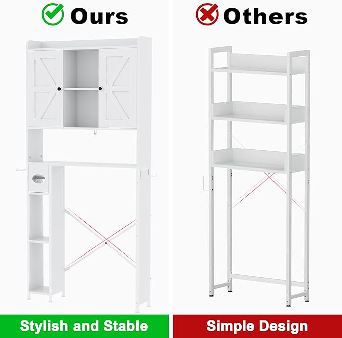 EasyCom Over The Toilet Storage Cabinet with Metal Frame and 7 Storage Shelves, Bathroom Organizer with Adjustable Shelves and Paper Holder, Farmhouse Storage Cabinet for Bathroom, Laundry, White