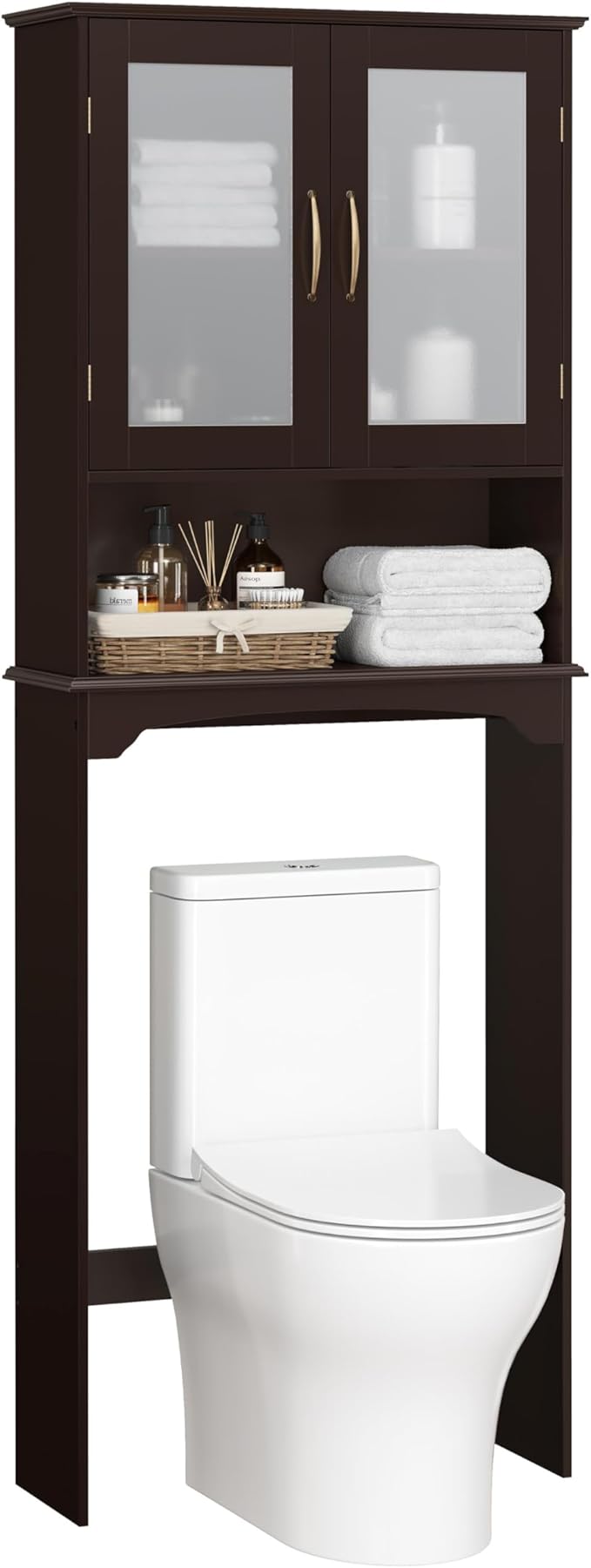 Yaheetech Over The Toilet Storage Cabinet, Free Standing Toilet Rack with Adjustable Shelves and Tempered Glass Doors for Bathroom Washroom, Espresso