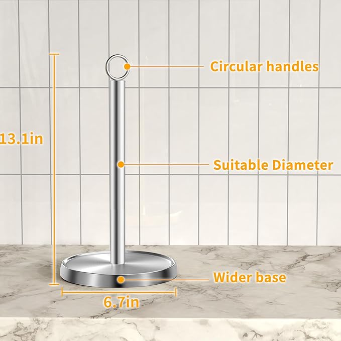 Paper Towel Holder Countertop, Stainless Steel, Weighted Base, Paper Towel Stand Holder for Kitchen Bathroom Farmhouse Essentials Decor Accessories, Silver