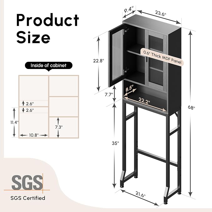 USHOWER Over The Toilet Storage Cabinet, Bathroom Organizers and Storage with Tempered Glass Doors, Thicken Metal Stand & MDF Wood Above Toilet Storage Cabinet, Freestanding Space Saver, Black