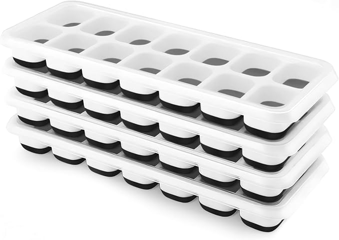 Ice Cube Trays 4 Pack, Airabc Silicone with Removable Lid, Easy-Release Flexible 14-cube Trays, LFGB Certified and BPA Free, Stackable Covers for Cocktail, Freezer