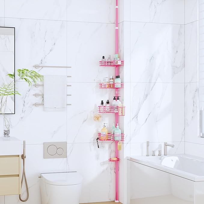SWTYMIKI Shower Caddy Tension Pole - 4-Tier Corner Shower Organizer Tension Rod with Soap Holder, Toothbrush Holder & 4 Hooks, Adjustable Stainless Steel Bathroom Organizer 27.6 to 108.3 inch, Pink