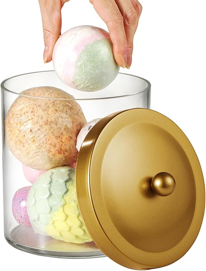 SheeChung 3 Pack 50 Ounce Large Clear Apothecary Jar with Gold Rust-Proof Lid - Shatterproof Plastic Storage Canister - Modern Luxury Bathroom Vanity & Laundry Room Organizer for Pods, Bath Salts