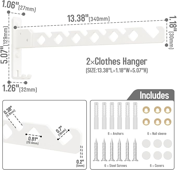 Wall Mounted Clothes Drying Rack, Wall Clothes Hanger Hook for Laundry Room, Clothes Hanger Foldable, Wall Rack Indoor, Perfect for Small Spaces, White 2 Packs