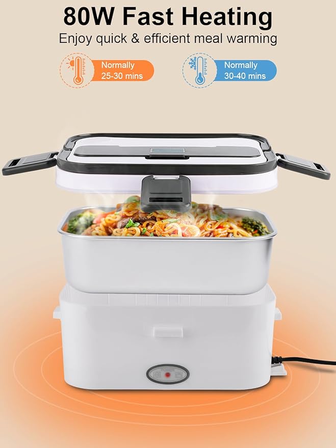 1.8L+0.5L Heated Lunch Box for Men, 80W Electric Lunch Box with Long-handled Utensils for Adults, 12V/24V/110V Lonchera Eléctrica Portátil, Portable Food Warmer for Car/Truck/Office (White)