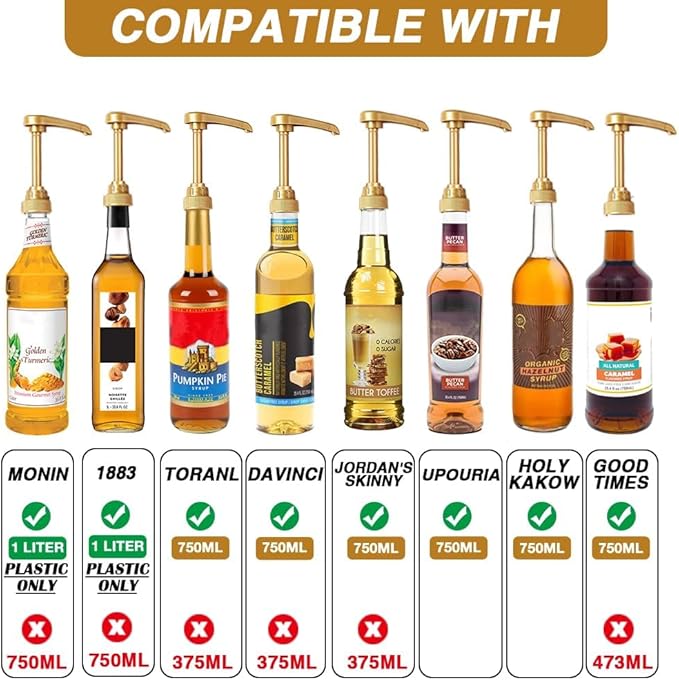 12 Pcs Syrup Pumps Dispenser, Compatible with 25.4 Oz/750ml Bottles, Great for Home & Coffee Bar Drinking Mixes, Tea, Beverage, Cocktails, Plus Spoons(Gold 5.23")