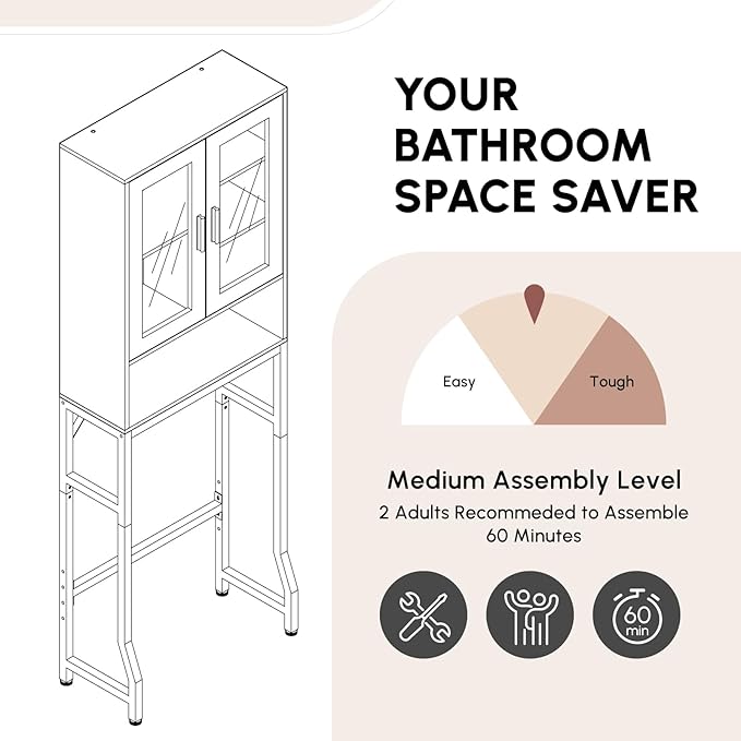 USHOWER Over The Toilet Storage Cabinet, Bathroom Organizers and Storage with Tempered Glass Doors, Thicken Metal Stand & MDF Wood Above Toilet Storage Cabinet, Freestanding Space Saver, Black