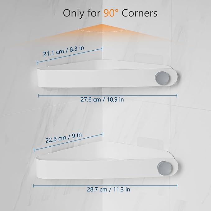 Sotfamily Plastic Shower Caddy Corner (For 90° Only), 2 Pack Adhesive Corner Shower Shelves for Bathroom Organizers and Storage, White