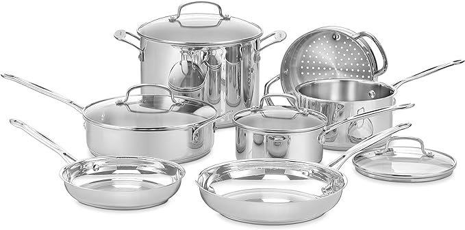 Cuisinart 17-Piece Stainless Steel Cookware Set, Chef's Classic Steel Collection with Pure Aluminum Core for Quick and Even Heat, Cool Grip Handles, Dishwasher Safe, 77-17N