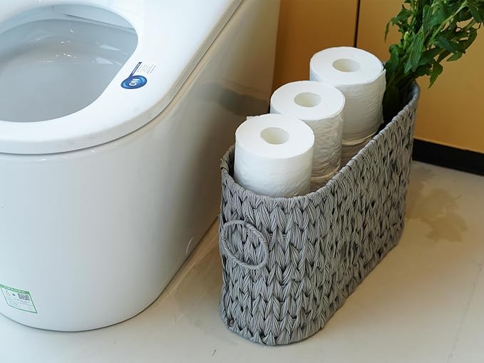 Toilet Paper Storage,Narrow Toilet Paper Basket for Bathroom,Large Toilet Paper Organizer for 6 Mega Rolls,Waterproof Wicker Bathroom Storage Basket,Free Standing,Grey