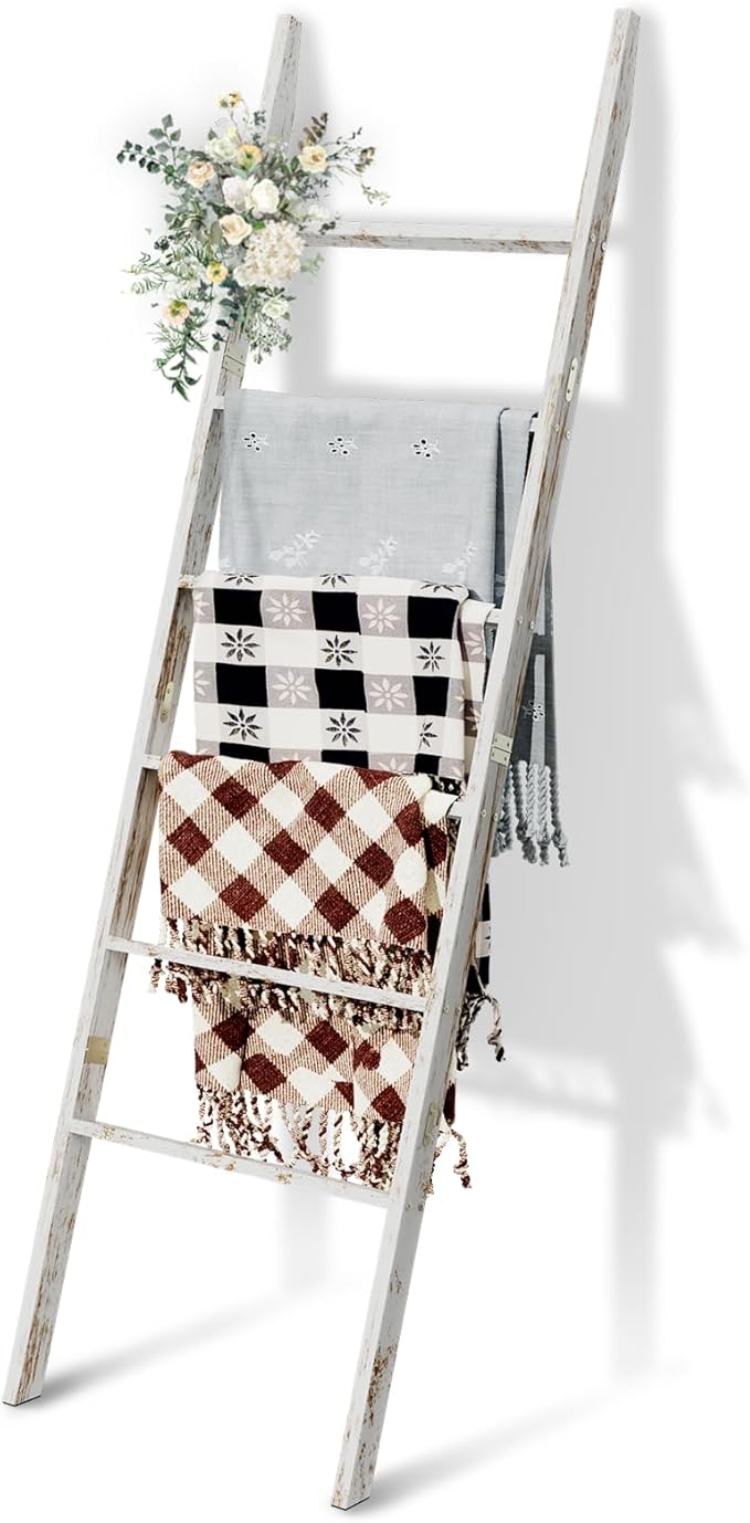 6-Tier Blanket Ladder Wooden, 5.7FT(66.5'') Blanket Quilt Towel Holder Rack Decorative Ladder, Easy Assembly, Rustic Farmhouse Ladder Shelf for the Living Room Bedroom Bathroom Home Decor, White Wash