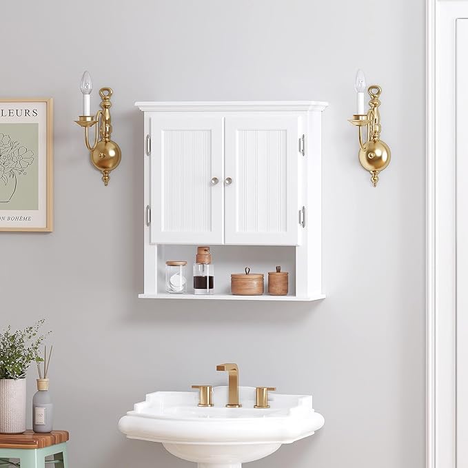 UTEX Bathroom Cabinet Wall Mounted, Wood Hanging Cabinet, Wall Cabinets with Doors and Shelves Over The Toilet for Bathroom,White