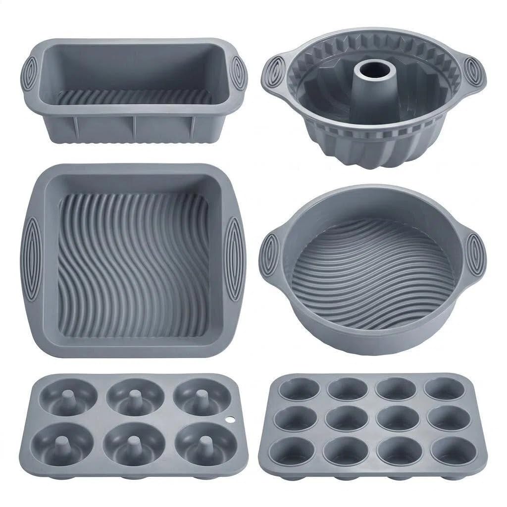 Nonstick Silicone Bakeware Set, 6 set Baking Cake Pan, Economical BPA Free Heat Resistant Bakeware Tools for DIY Loaf Bread Cheesecake Pizza Cupcake Muffin (Gray)
