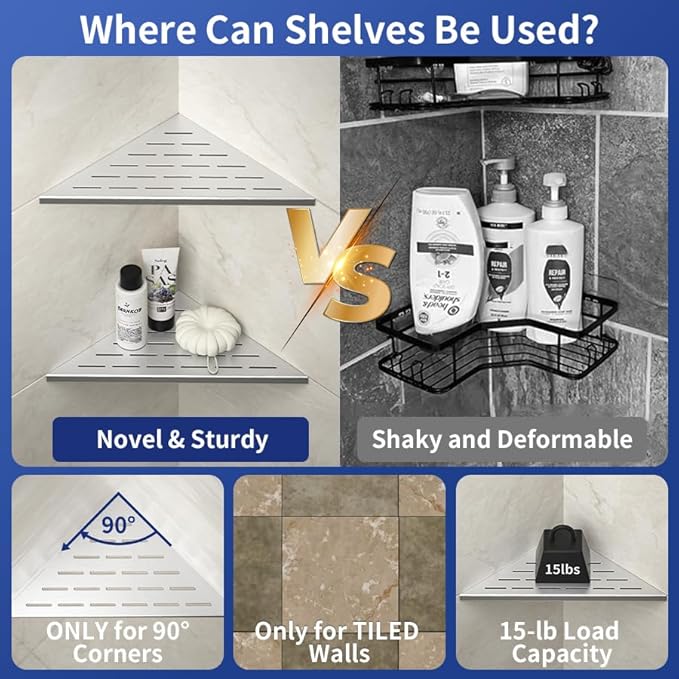 Corner Shower Shelf, 12" Brushed 304 Stainless Steel Slot Design Recessed Corner Shelves 2 Pack Bathroom Grout in Shelf for Tiled Wall, Large Size