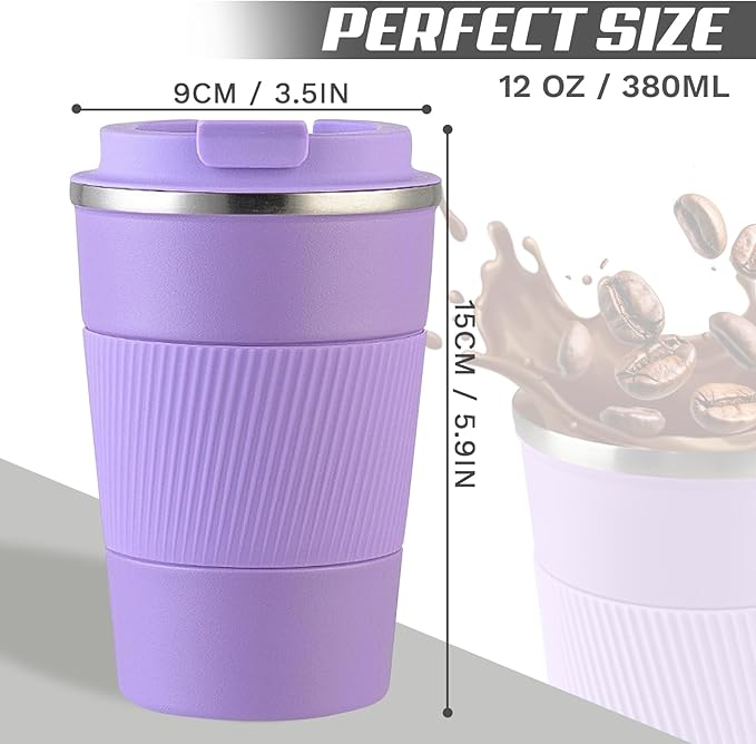 Vacuum-Insulated Stainless Steel Travel Coffee Mug, Leak-Proof Reusable Coffee Cup with Lid - Keep Hot & Cold Drinks for Hours, Durable Insulated Tumbler for Men & Women(3rd-Purple, 12OZ)