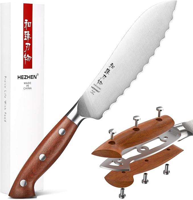 HEZHEN 8 PCS Kitchen Knife Block Set, German DIN 1.4116 Steel Knife Set with Block and Sharpener,Kitchen Shear, Ultra Sharp Blade,Red Wood Handle, Gift Packing